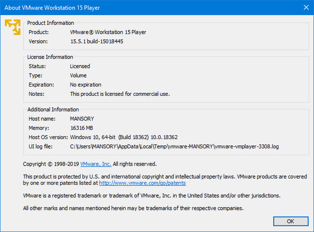 VMware Workstation Player 15.5.1 Build 15018445 Commercial